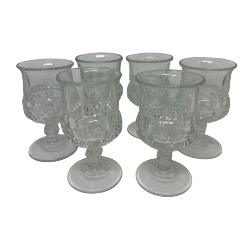 VTG Tiffin Franciscan Kings Crown Clear Goblets Set 6 Thumbprint Barware Retro
